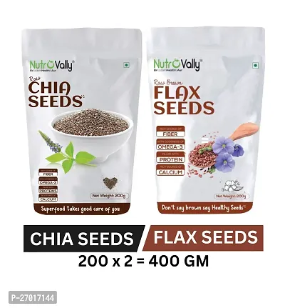 NutroVally - CHIA  FLAX Seeds Combo for Weight loss 400gm, High In Omega 3, Fiber,  Antioxidant Rich Raw Seeds for Eating Overall Health | 200 gm x Pack 2)