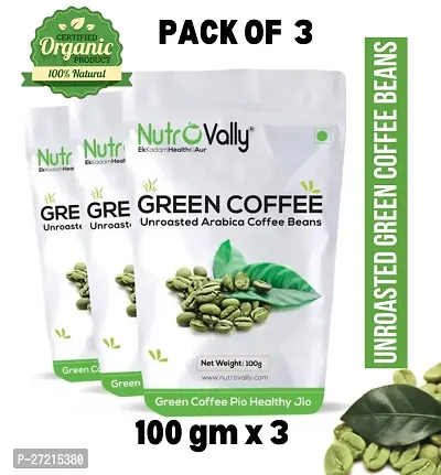 NutroVally Unroasted green coffee beans for weight loss 300gm | With Effective Arabica 100% Natural  Decaffeinated AA Grade Green Coffee 100gm X 3-thumb0