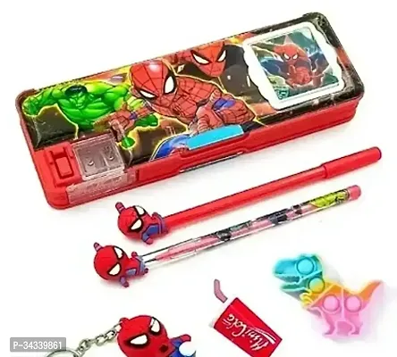 Spider Man Magnetic Pencil Box With Combo 5 Items 1 Pen 1 Pencil 1 Pop 1 Eraser 1 Key Chain (Pack of 6)