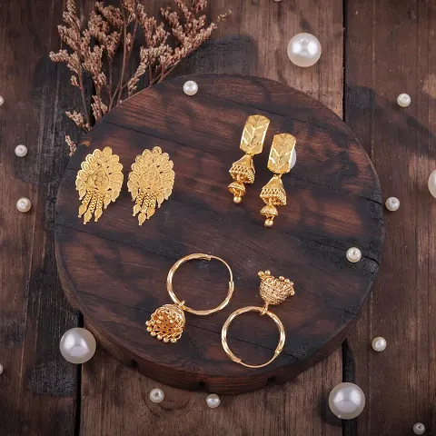 Set Of 3 Fancy Gold Plated Earrings For Women