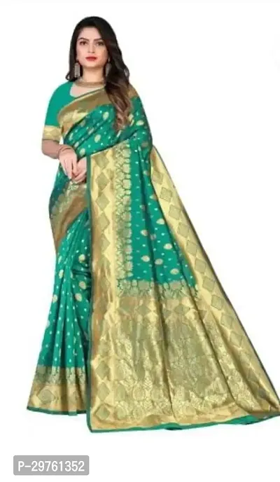 Stylish Silk Blend Sea Green Woven Design Saree with Blouse piece For Women-thumb0