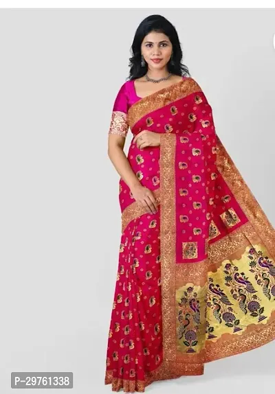 Stylish Silk Blend Pink Woven Design Saree with Blouse piece For Women-thumb0