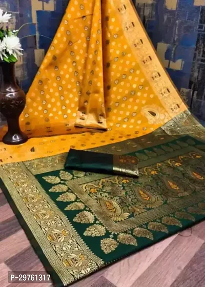 Stylish Silk Blend Yellow Woven Design Saree with Blouse piece For Women