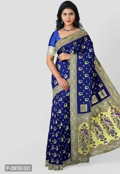 Stylish Silk Blend Navy Blue Woven Design Saree with Blouse piece For Women