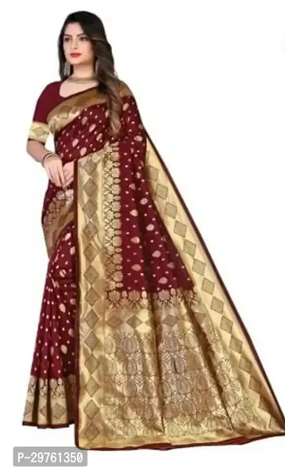 Stylish Silk Blend Maroon Woven Design Saree with Blouse piece For Women-thumb0