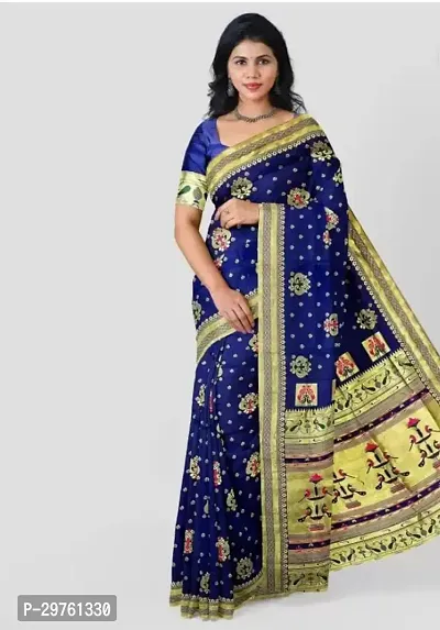 Stylish Silk Blend Navy Blue Woven Design Saree with Blouse piece For Women-thumb0