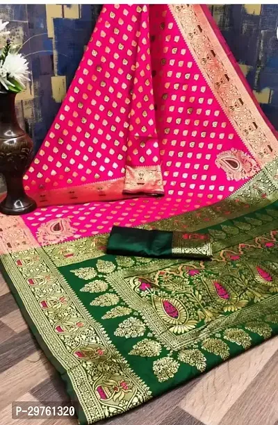 Stylish Silk Blend Pink Woven Design Saree with Blouse piece For Women