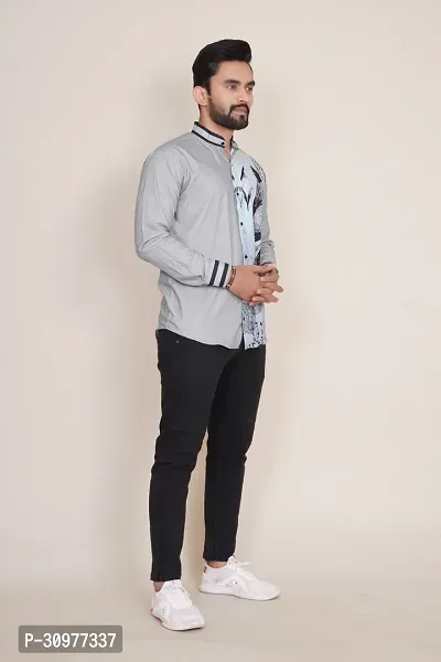 Reliable Grey Cotton Blend Printed Long Sleeves Casual Shirt For Men-thumb3