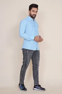 Reliable Blue Cotton Blend Self Pattern Long Sleeves Casual Shirt For Men-thumb2