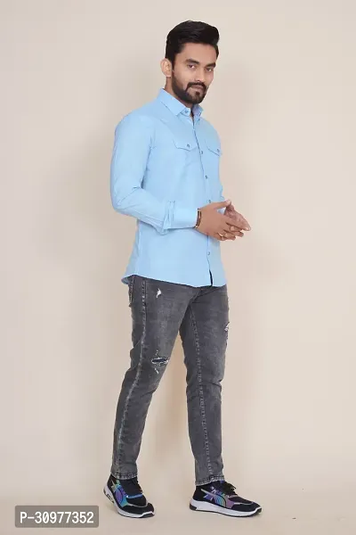 Reliable Blue Cotton Blend Self Pattern Long Sleeves Casual Shirt For Men-thumb3