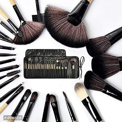MACPLUS Fiber Bristle Makeup Brush Set with Black Leather Case- BLACK, 24 Pieces-thumb2