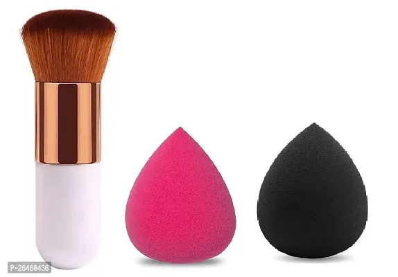 LUV TO LIPS 1 Round Foundation Makeup Brush, 2 Pieces Makeup Sponge Blender (Mini Foundation Brush With 2Pcs Blender Puff)