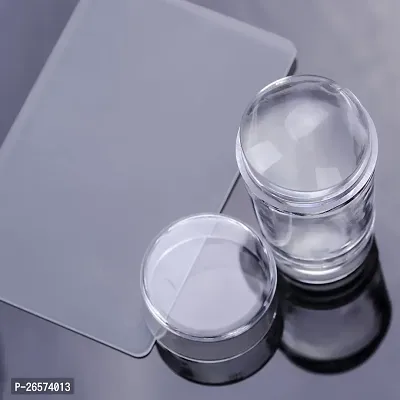 Nail Stamping Transparent Silicone Head Clear Jelly Nail Art Stamping Stamper with A Lid Big Cap Scraper Image Plate Manicure Tools DIY Polish Kit with Matte Handle
