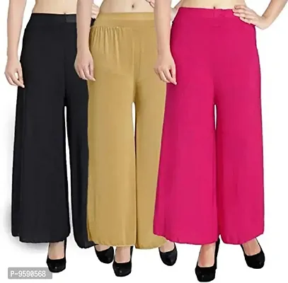 Aaru Collection Women's Soft  Stretchable Malai Lycra Free Size Palazzo Pants Trousers Combo (Pack of 3) (Free Size, Black, Pink, Beige)