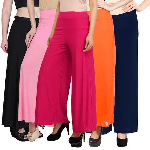Aaru Collection Stylish Casual Wear Malai Lycra Pant Palazzo Combo (Free Size, Pack of 5)