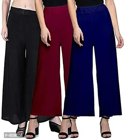 Aaru Collection Women's Soft  Stretchable Malai Lycra Free Size Palazzo Pants Trousers Combo (Pack of 3) (Free Size, Dark Blue, Maroon, Black)
