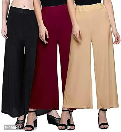 Aaru Collection Women's Soft  Stretchable Malai Lycra Free Size Palazzo Pants Trousers Combo (Pack of 3) (Free Size, Maroon, Black, Beige)