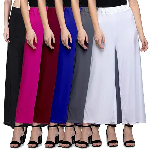 Aaru Collection Stylish Casual Wear Malai Lycra Pant Palazzo Combo (Free Size, Pack of 6)