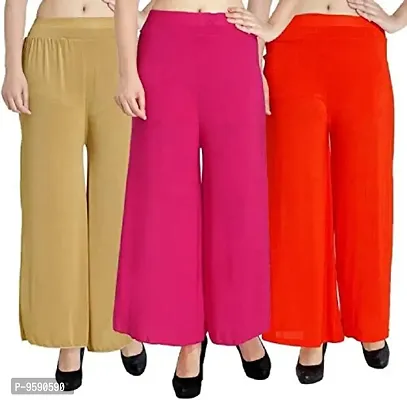 Aaru Collection Women's Soft  Stretchable Malai Lycra Free Size Palazzo Pants Trousers Combo (Pack of 3) (Free Size, Pink, Orange, Beige)