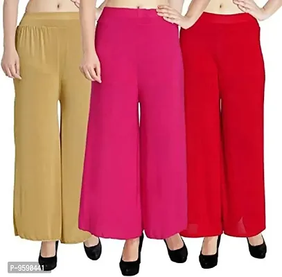 Aaru Collection Women's Soft  Stretchable Malai Lycra Free Size Palazzo Pants Trousers Combo (Pack of 3) (Free Size, Red, Pink, Beige)-thumb0