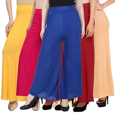 Aaru Collection Stylish Casual Wear Malai Lycra Pant Palazzo Combo (Free Size, Pack of 5)