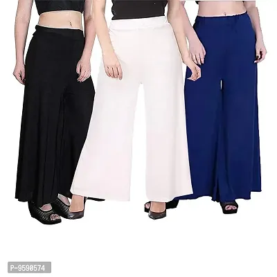 TooLook Stylish Casual Wear Malai Lycra Pant Palazzo Combo Pack (Free Size, Pack of 3) (Black,White,Navy Blue)