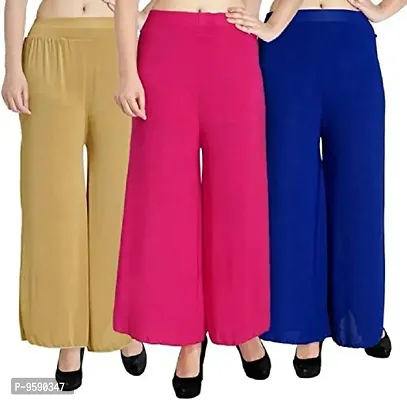 Aaru Collection Women's Soft  Stretchable Malai Lycra Free Size Palazzo Pants Trousers Combo (Pack of 3) (Free Size, Blue, Pink, Beige)