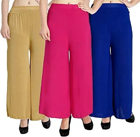 Aaru Collection Women's Soft & Stretchable Malai Lycra Free Size Palazzo Pants Trousers Combo (Pack of 3)