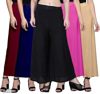 Aaru Collection Stylish Casual Wear Malai Lycra Pant Palazzo Combo (Free Size, Pack of 5)