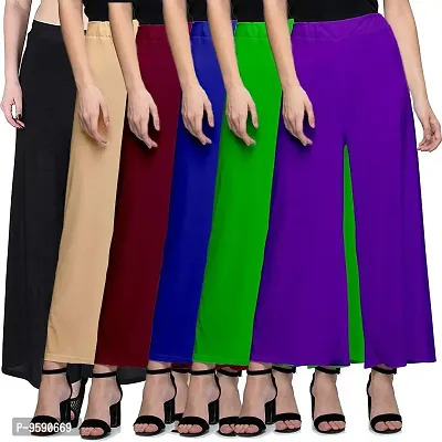 Aaru Collection Stylish Casual Wear Malai Lycra Pant Palazzo Combo (Free Size, Pack of 6)