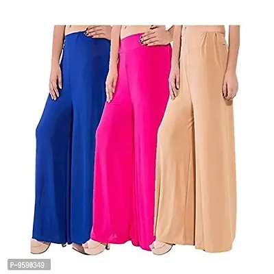 Aaru Collection Women's Soft  Stretchable Malai Lycra Free Size Palazzo Pants Combo (Pack of 3) Free Size (Blue,Pink,Beige)-thumb0