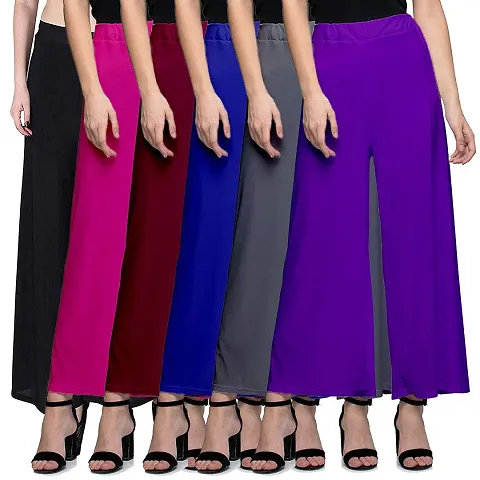 Aaru Collection Stylish Casual Wear Malai Lycra Pant Palazzo Combo (Free Size, Pack of 6)