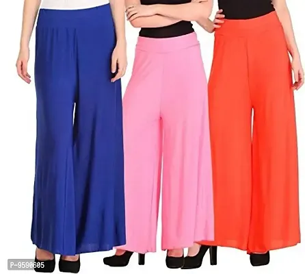 TooLook Stylish Casual Wear Malai Lycra Pant Palazzo Combo Pack (Free Size, Pack of 3) (Blue,Orange,Baby Pink)-thumb0