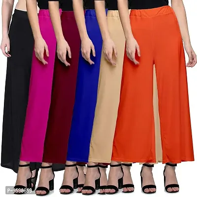 Aaru Collection Stylish Casual Wear Malai Lycra Pant Palazzo Combo (Free Size, Pack of 6)