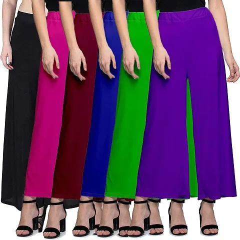 Aaru Collection Stylish Casual Wear Malai Lycra Pant Palazzo Combo (Free Size, Pack of 6)