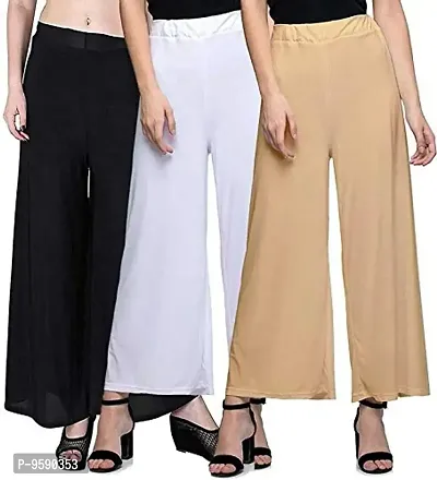 Aaru Collection Women's Soft & Stretchable Malai Lycra Free Size Palazzo Pants Trousers Combo (Pack of 3) (White, Black, Beige)-thumb0
