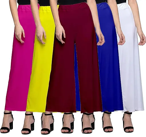 Aaru Collection Stylish Casual Wear Malai Lycra Pant Palazzo Combo (Free Size, Pack of 5)