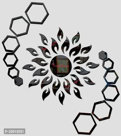 Designer Sun With 12 Hexagon Rings Black (Sun Size 45 Cm X 45 Cm) Acrylic Mirror Wall Decor Sticker-thumb0