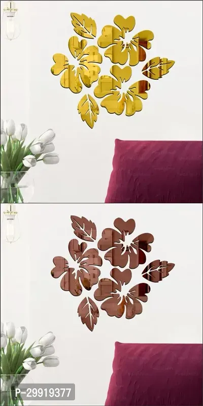 Designer Flower  Leaf Brown And Golden (Size 33 Cm X 36 Cm) Acrylic Mirror Wall Decor Sticker