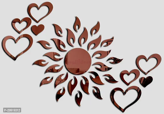 Designer Sun With 12 Love Heart Brown (Sun Size 45 Cm X 45 Cm) Acrylic Mirror Wall Decor Sticker-thumb0