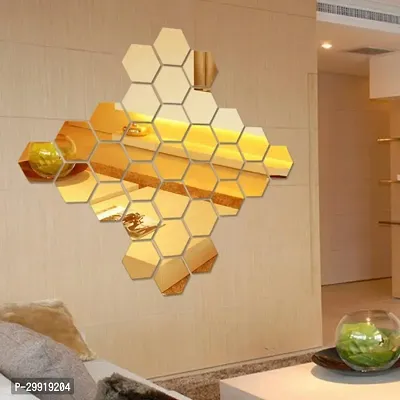 Designer 30 Hexagon Golden (Each Piece Size 12 X 10 Cm) Acrylic Mirror Wall Decor Sticker