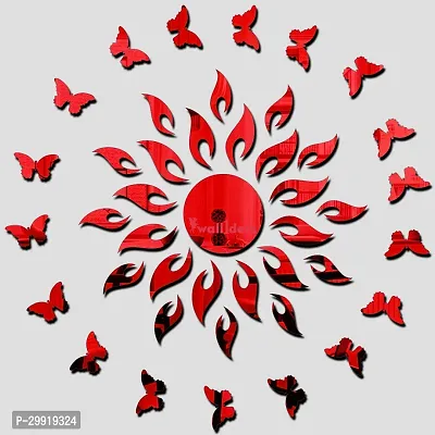 Designer Sun With 20 Butterfly Red (Sun Size 45 Cm X 45 Cm) Acrylic Mirror Wall Decor Sticker-thumb0