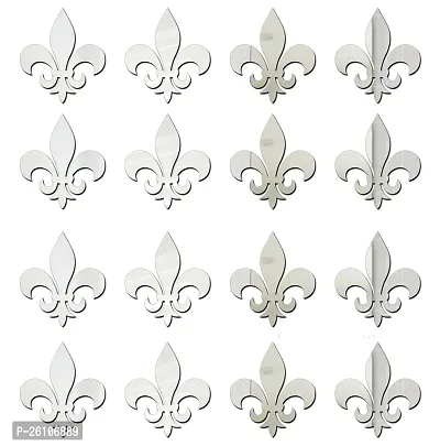 Designer Fleur De Lis Flower Silver Acrylic Mirror Wall Stickers- 16 Pieces