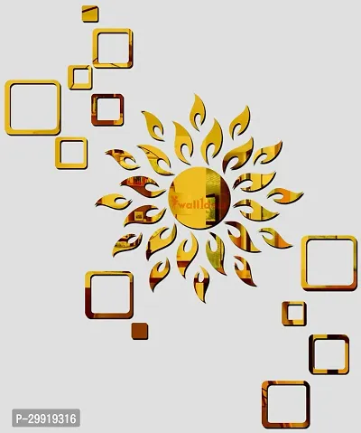 Designer Sun With 12 Square Golden (Sun Size 45 Cm X 45 Cm) Acrylic Mirror Wall Decor Sticker-thumb0