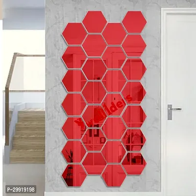 Designer 28 Hexagon Red (Each Piece Size 12 X 10 Cm) Acrylic Mirror Wall Decor Sticker