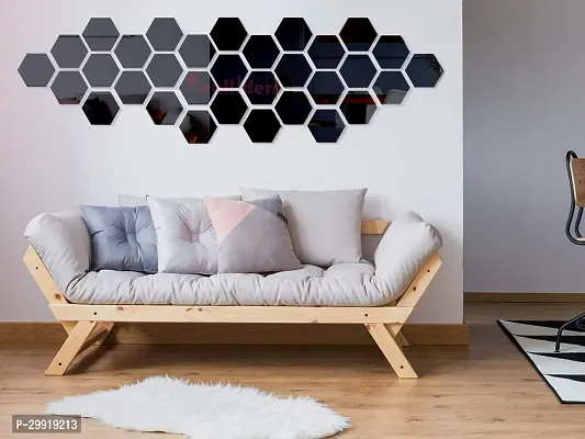 Designer 31 Hexagon Black (Each Piece Size 12 X 10 Cm) Acrylic Mirror Wall Decor Sticker