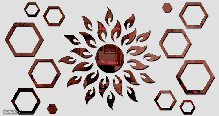 Designer Sun With 12 Hexagon Rings Brown (Sun Size 45 Cm X 45 Cm) Acrylic Mirror Wall Decor Sticker-thumb0