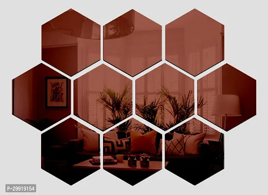 Designer 10 Hexagon Brown (Each Piece Size 12 X 10 Cm) Acrylic Mirror Wall Decor Sticker-thumb0