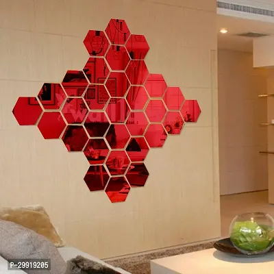 Designer 30 Hexagon Red (Each Piece Size 12 X 10 Cm) Acrylic Mirror Wall Decor Sticker-thumb0