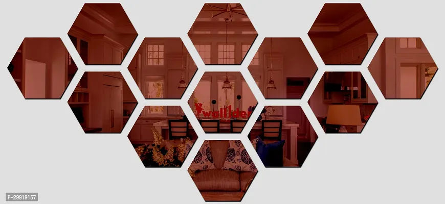 Designer 13 Hexagon Brown (Each Piece Size 12 X 10 Cm) Acrylic Mirror Wall Decor Sticker-thumb0